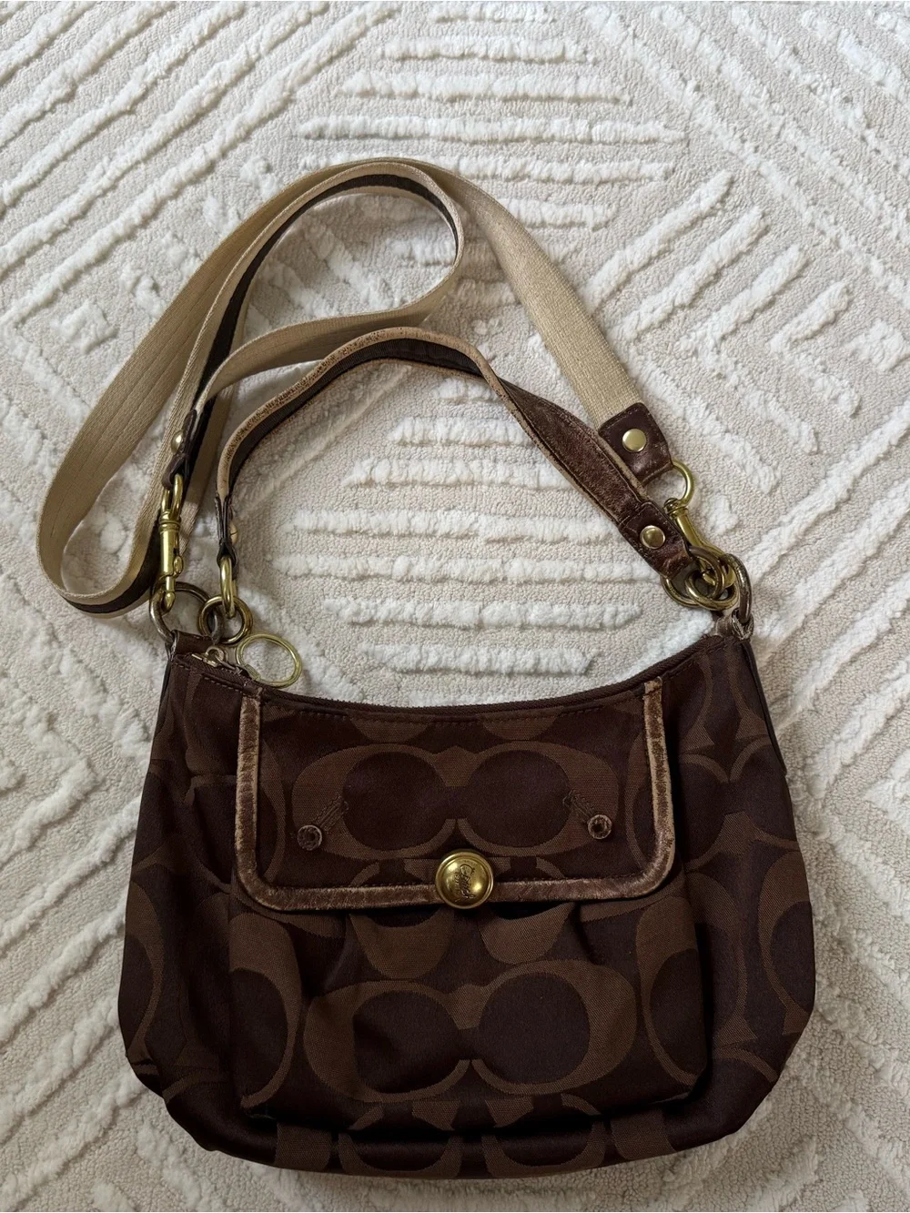 Vintage Y2K Coach Brown Signature Monogram Shoulder Bag with Beige Strap